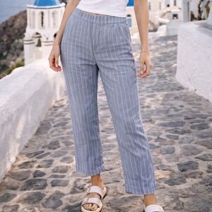 Abercrombie Fitch Blue White Pinstripe Linen Blend Elastic Waist Pants Medium O2